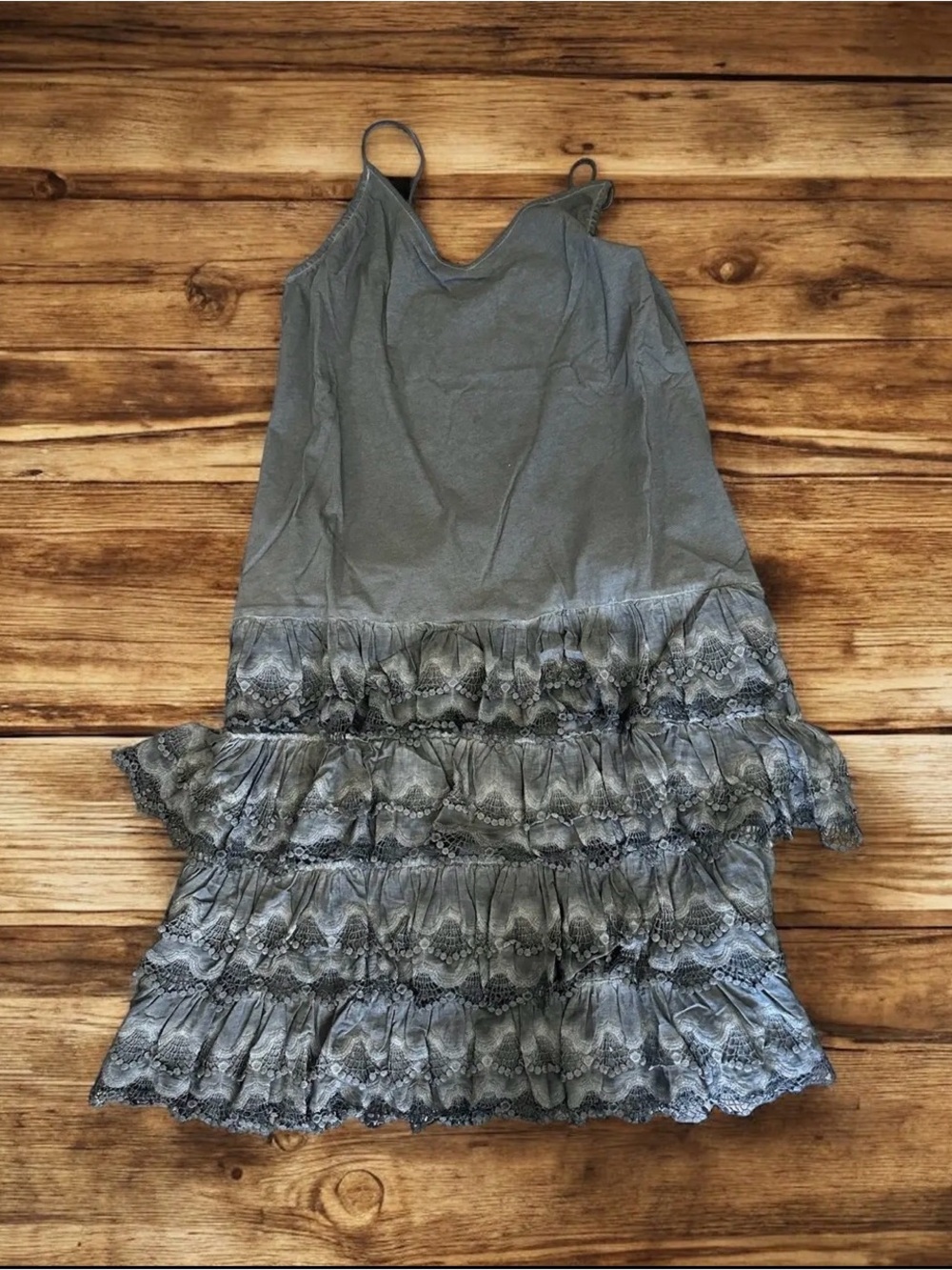 Women’s Gray Lace Tiered Slip Dress with Spaghetti Straps